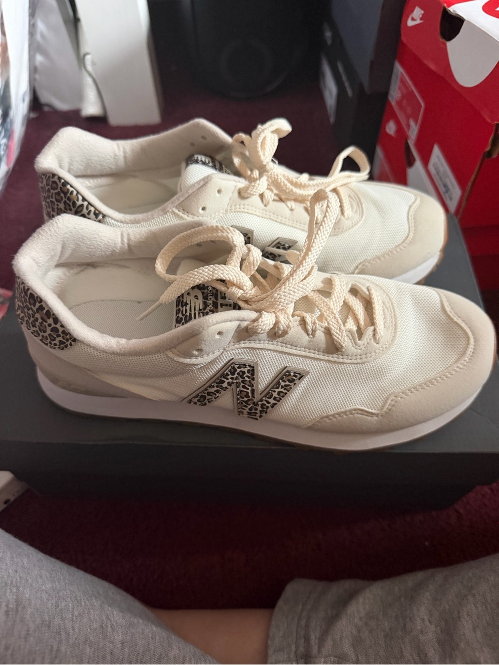New Balance Women's Cream Sneakers with Leopard Print Accent